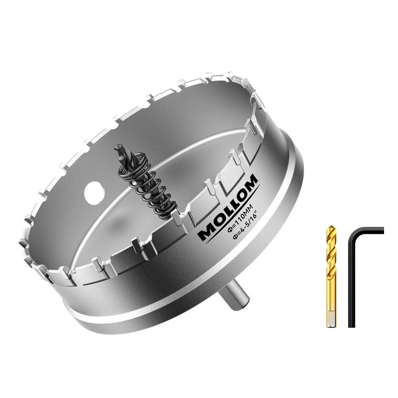Mollom (4-5/16''|110mm) Heavy Duty Carbide Hole Saw with 2 Pilot Drill Bits  Hole Cutter cuts Stainless Steel  mild Steel  Iron  Copper  Brass  Plastic - Image 1